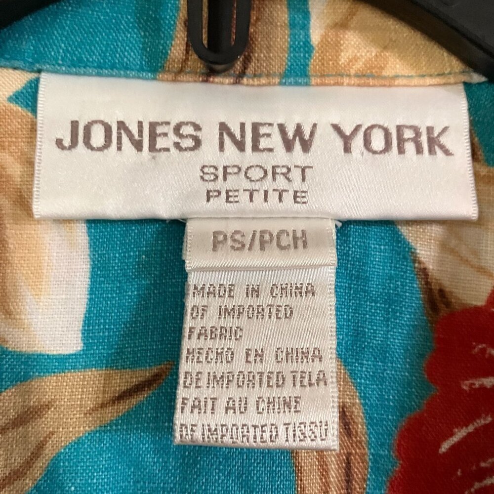 Jones New York Vintage 90s Floral Linen Hawaiian Shirt Small Petite Blue SP EXC - Picture 4 of 11